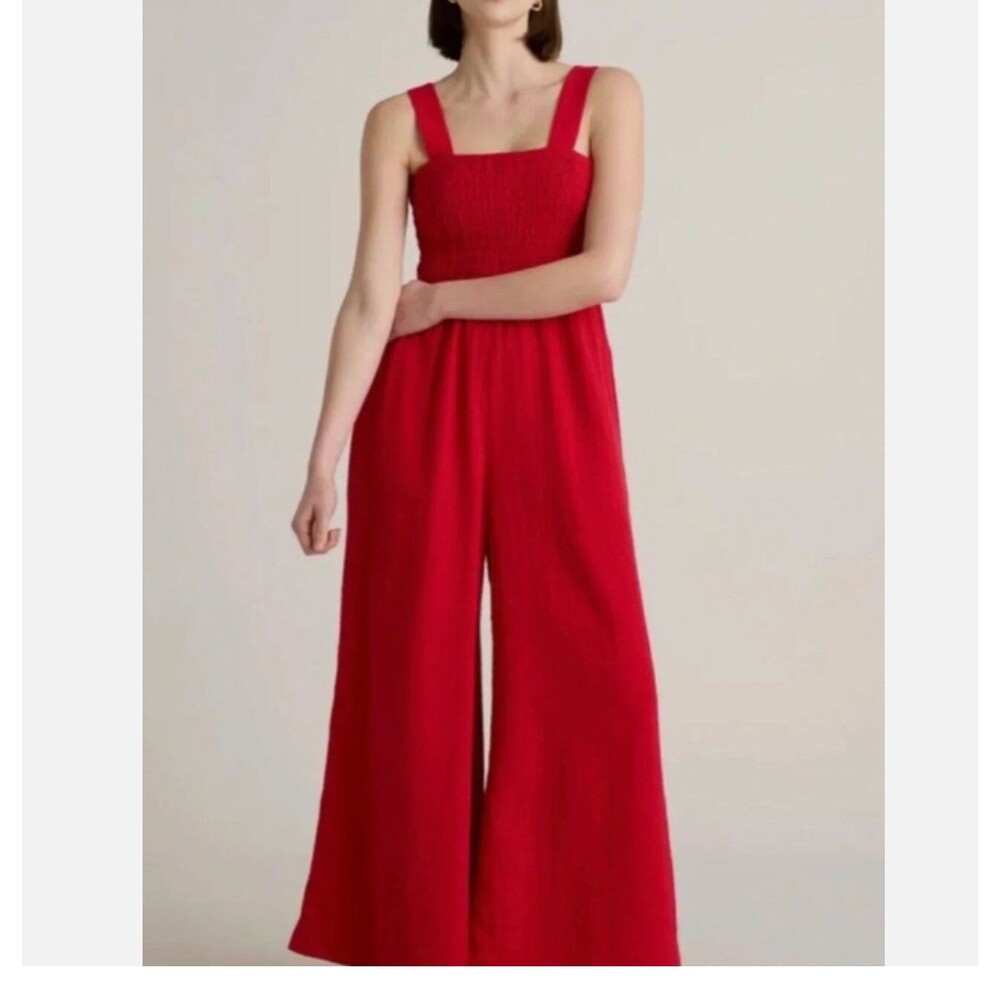Quince Red Smocked Tank Wide Leg Jumpsuit Small Organic Cotton Gauze Smocked